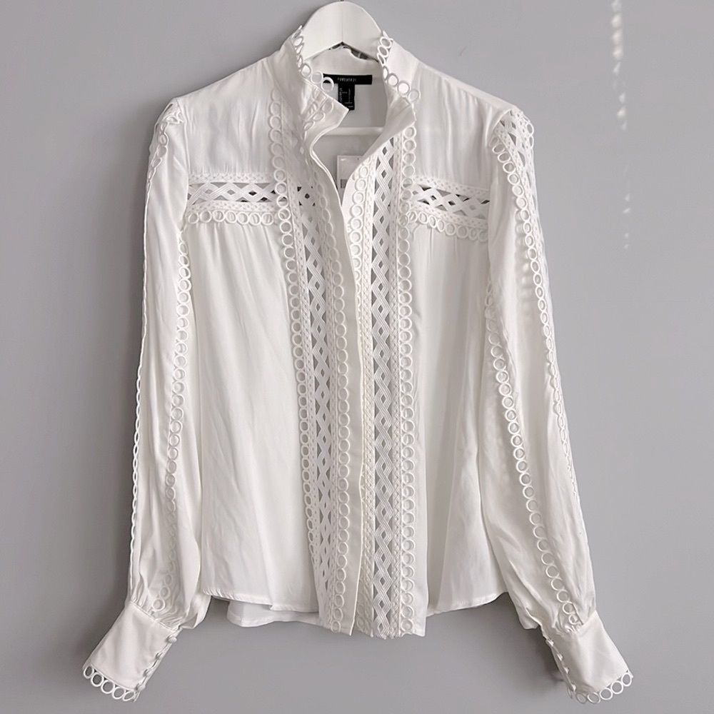 F21 Forever 21 Crochet Woven Lace Cutout Ivory White Blouse Womens L Large 8